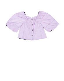 Elastic Off Shoulder Puff Sleeve Silver Button Down Top (Light Purple)